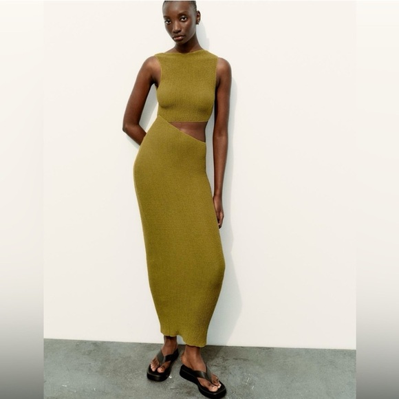 Brand New - Zara Knit Cut Out Maxi Dress Olive Green - Picture 1 of 3